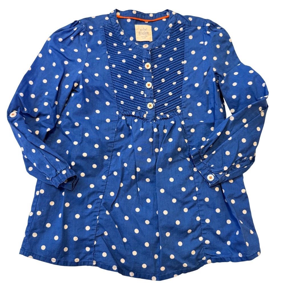 Mini Boden Girls Blue Polka Dot Pintuck Tunic Top 3-4‎ Preppy School Colorful